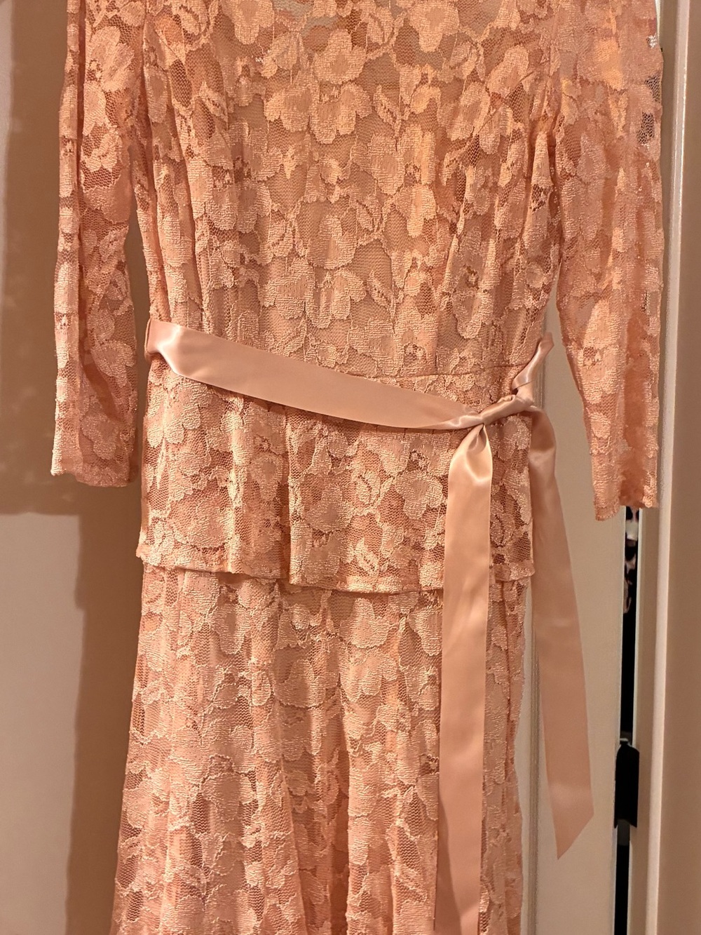 Leslie Fay Blush Lace Tea-Length Dress with Satin Sash